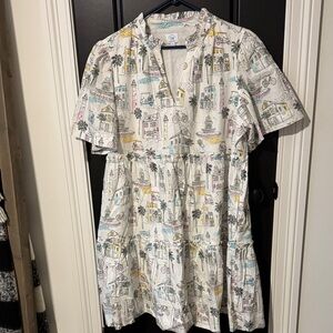 White Printed Tiered Short Sleeve Dress with Pastel Village Print